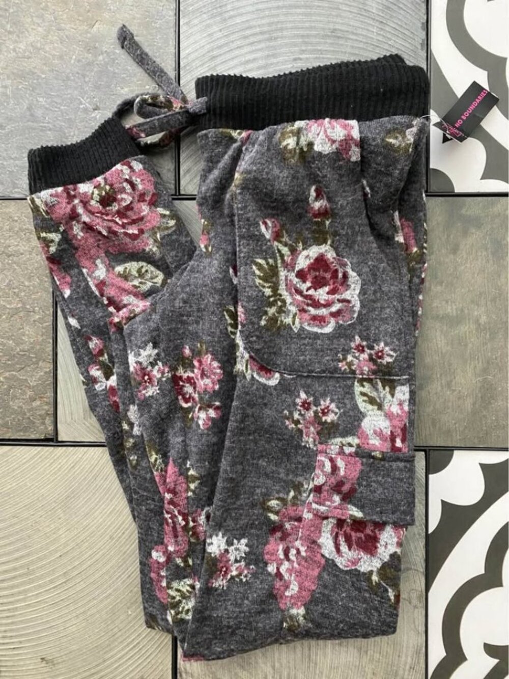 No Boundaries Floral Jogger Pants XS NWT Dark Gray Rose Print Tie Waist Pocketed